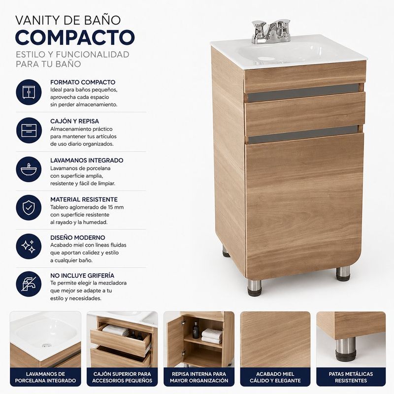 Vanity de Piso Aluvia de Madera Aglomerada con Lavamanos de Porcelana Integrado Café 45 Cm