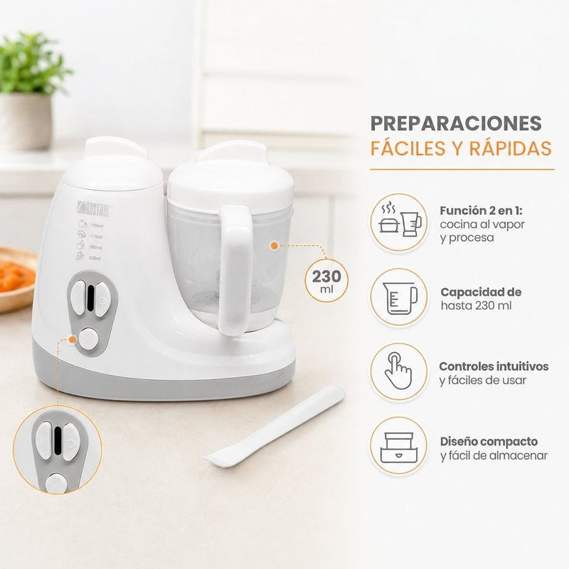 Procesador y Vaporera de Alimentos para Bebé 2 en 1 con Capacidad de 230 mL y Cuchilla de Acero Inoxidable