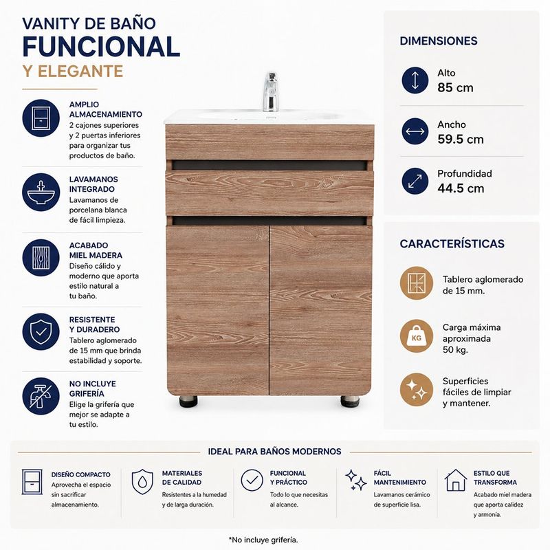 Vanity de Piso Aluvia de Madera Aglomerada con Lavamanos de Porcelana Integrado Café 60 Cm