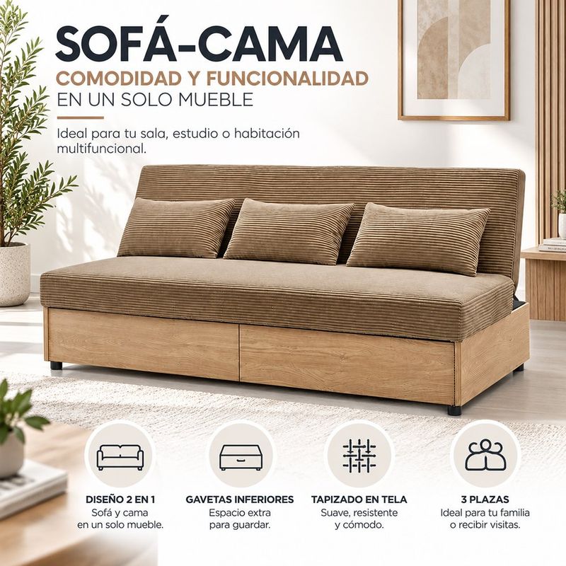 Sofá Cama Mike Convertible 3 Plazas con Gavetas Integradas Café 193 x 90 x 84 Cm