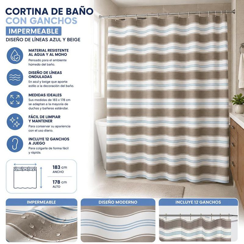 Cortina de Baño con Ganchos Impermeable Diseño de Líneas Azul y Beige 183 x 178 Cm