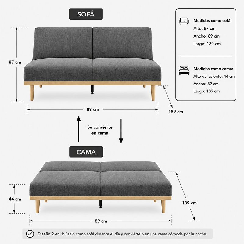 Sofá Cama Stuart con Respaldo Reclinable de 189 x 89 x 87 cm Gris