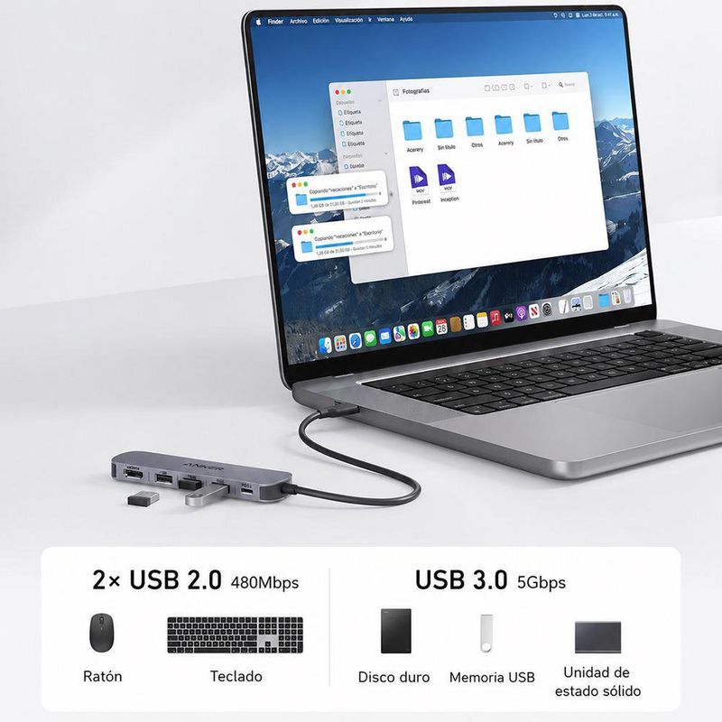 Adaptador Multipuerto Hub USB-C 5 en 1 con Puerto HDMI 4K y Puertos USB 3.0 de Alta Velocidad Color Gris