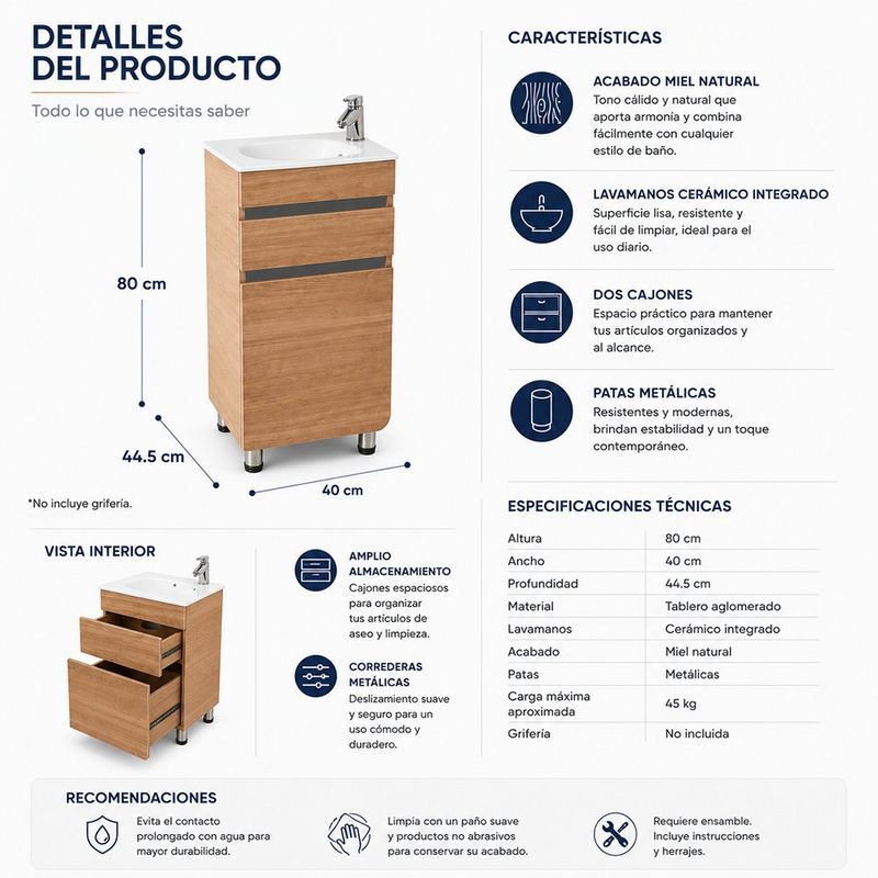 Vanity de Piso Aluvia de Madera Aglomerada con Lavamanos de Porcelana Integrado Café 40 Cm