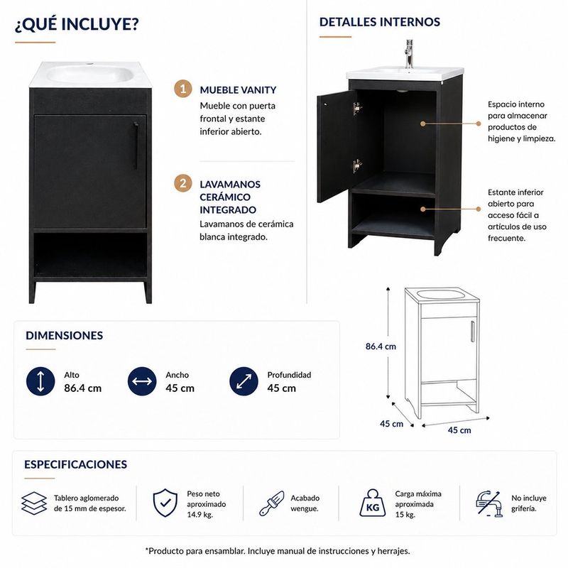 Vanity de Piso Aluvia Esencial de Madera Aglomerada con Lavamanos de Porcelana Negro 45 Cm