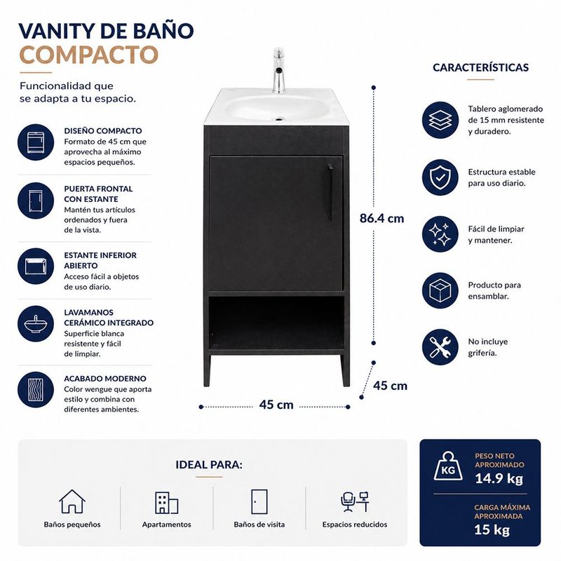 Vanity de Piso Aluvia Esencial de Madera Aglomerada con Lavamanos de Porcelana Negro 45 Cm
