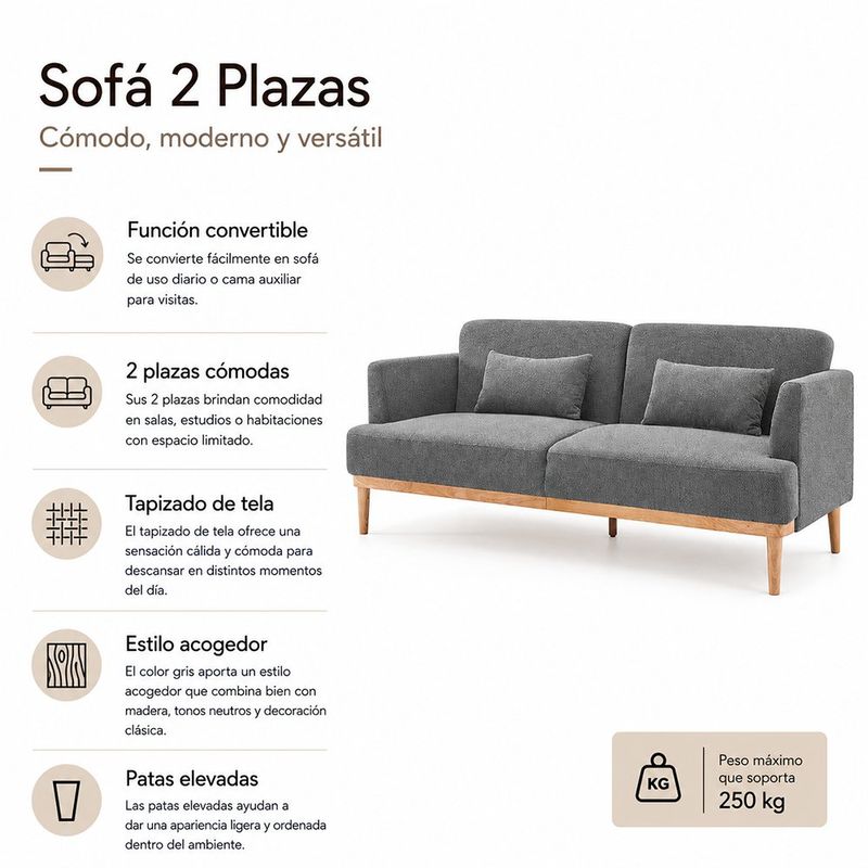 Sofá Cama Charles de 2 Plazas con Respaldo Reclinable de 210 x 82 x 85 cm Gris