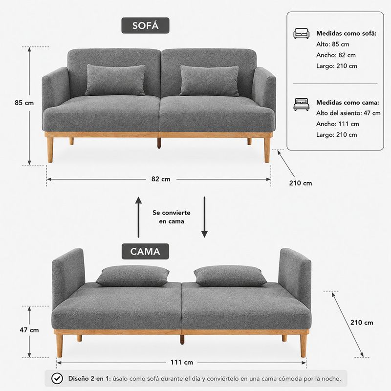 Sofá Cama Charles de 2 Plazas con Respaldo Reclinable de 210 x 82 x 85 cm Gris