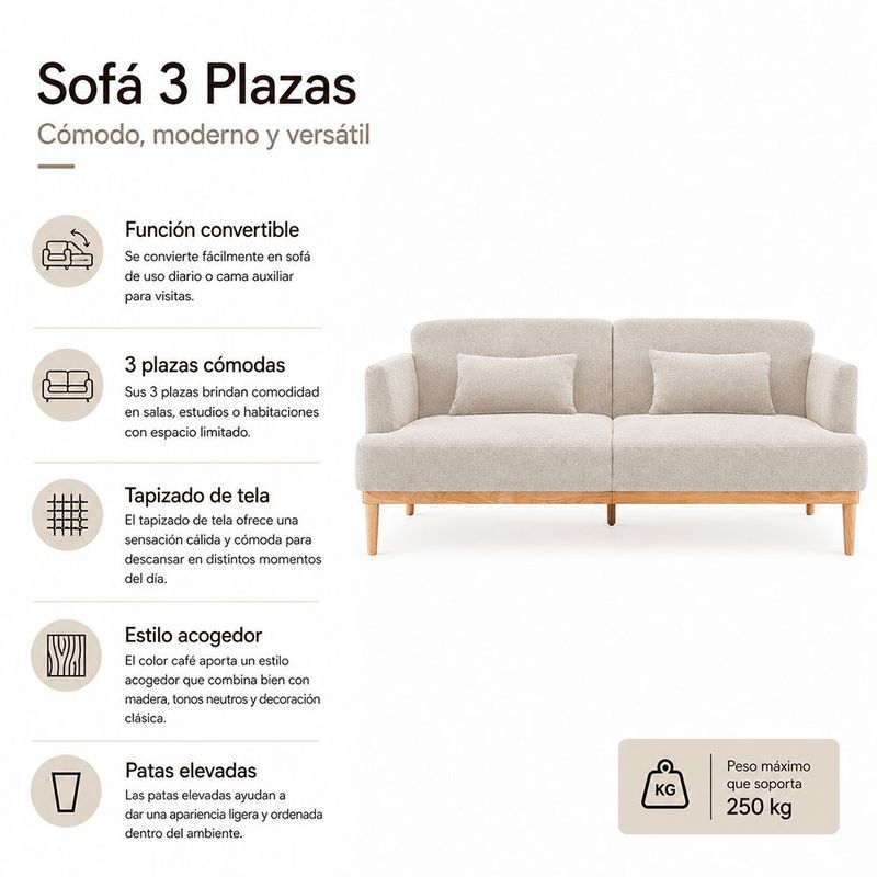 Sofá Cama Charles de 2 Plazas con Respaldo Reclinable de 210 x 82 x 85 cm Beige