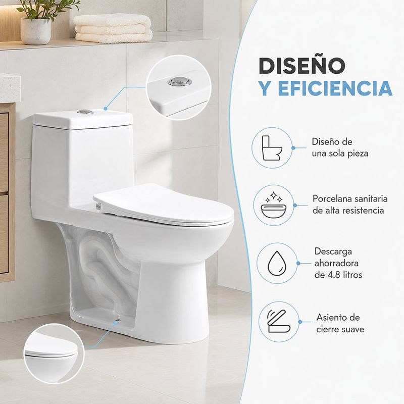 Sanitario de Una Pieza Equix II Porcelana con Descarga 4.8 L Botón Sencillo y Cierre Suave