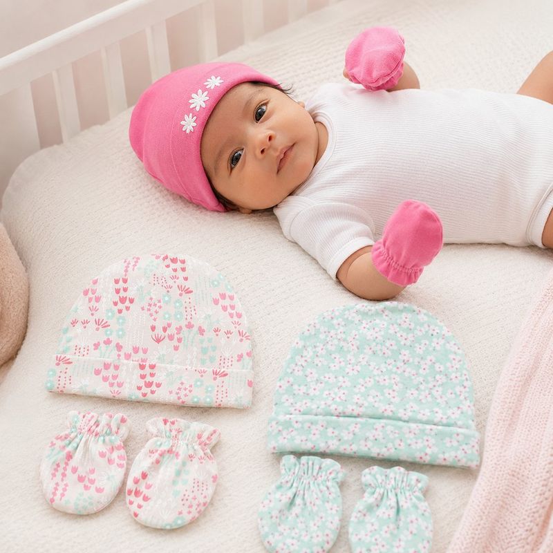 Set de Gorros y Guantes para Bebé Diseño Floral Tejido Elástico, 6 Piezas