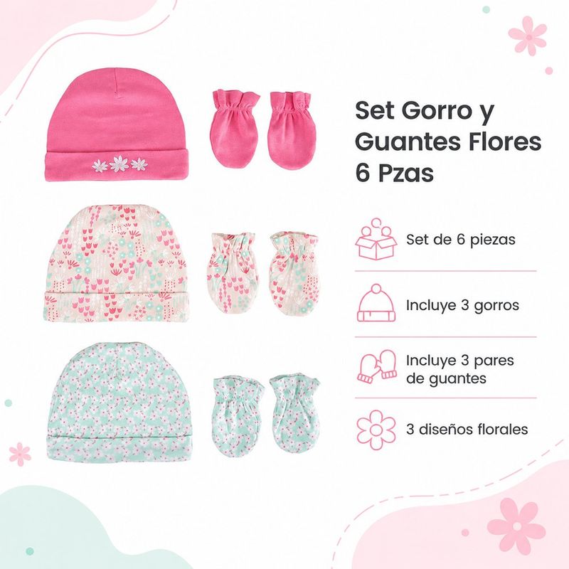 Set de Gorros y Guantes para Bebé Diseño Floral Tejido Elástico, 6 Piezas