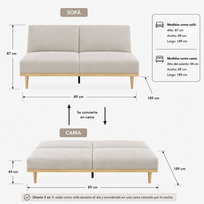 Sofá Cama Stuart con Respaldo Reclinable de 189 x 89 x 87 cm Beige