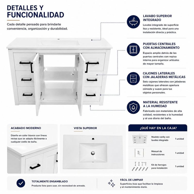 Vanity de Piso Gaviota de Melamina con Lavamanos de Mármol Sintético 6 Cajones y 2 Puertas Centrales Blanco
