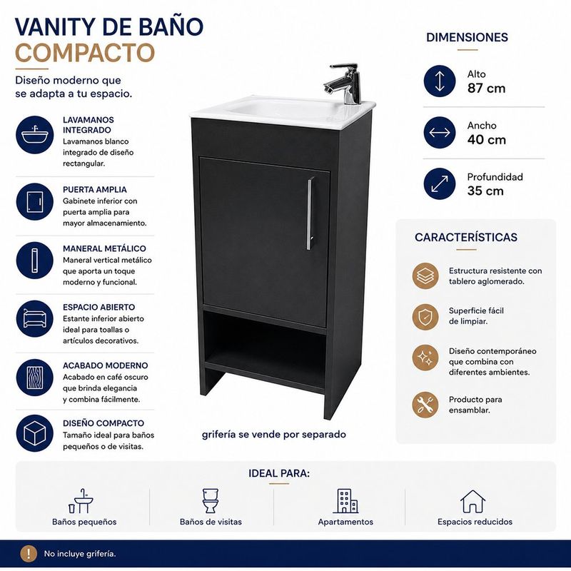 Vanity de Piso Aluvia Esencial de Madera Aglomerada con Lavamanos de Porcelana Negro 40 Cm