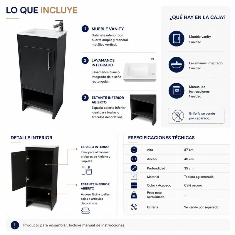 Vanity de Piso Aluvia Esencial de Madera Aglomerada con Lavamanos de Porcelana Negro 40 Cm