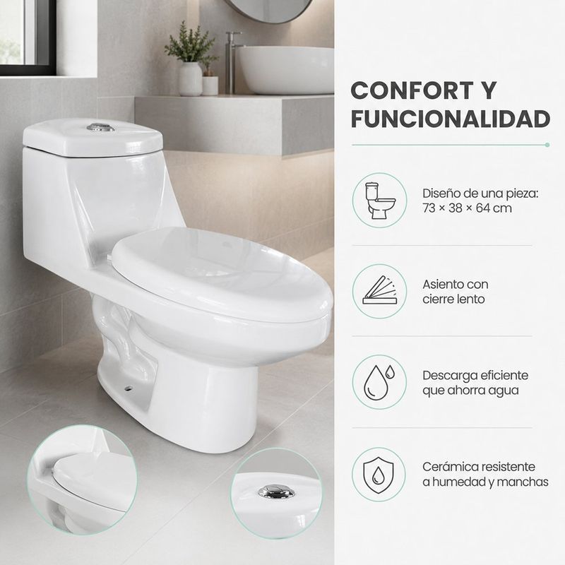 Sanitario de Una Pieza Tadao Cerámica con Taza Elongada Descarga Doble y Cierre Lento