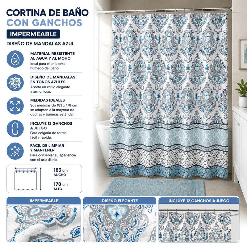 Cortina de Baño con Ganchos Impermeable Diseño de Mandalas Azul 183 x 178 Cm