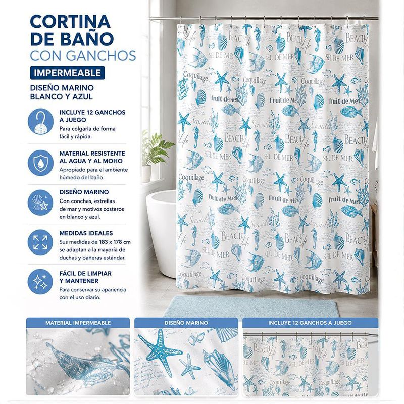 Cortina de Baño con Ganchos Impermeable Diseño Marino Blanco y Azul 183 x 178 Cm