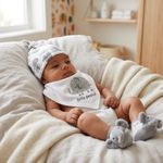 Set de Gorro con Nudo, Babero Tipo Pañoleta y Calcetas con Diseño de Elefante para Bebé