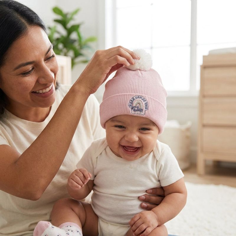 Set de Gorro Acanalado con Pompón y Calcetas para Bebé Color Rosado