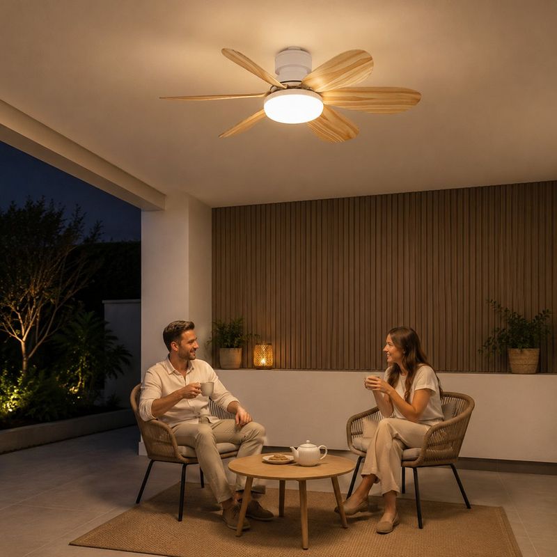 Ventilador LED con Rosca E27 de 15 W con 6 Aspas Luz CCT Ajustable con Acabado de Madera