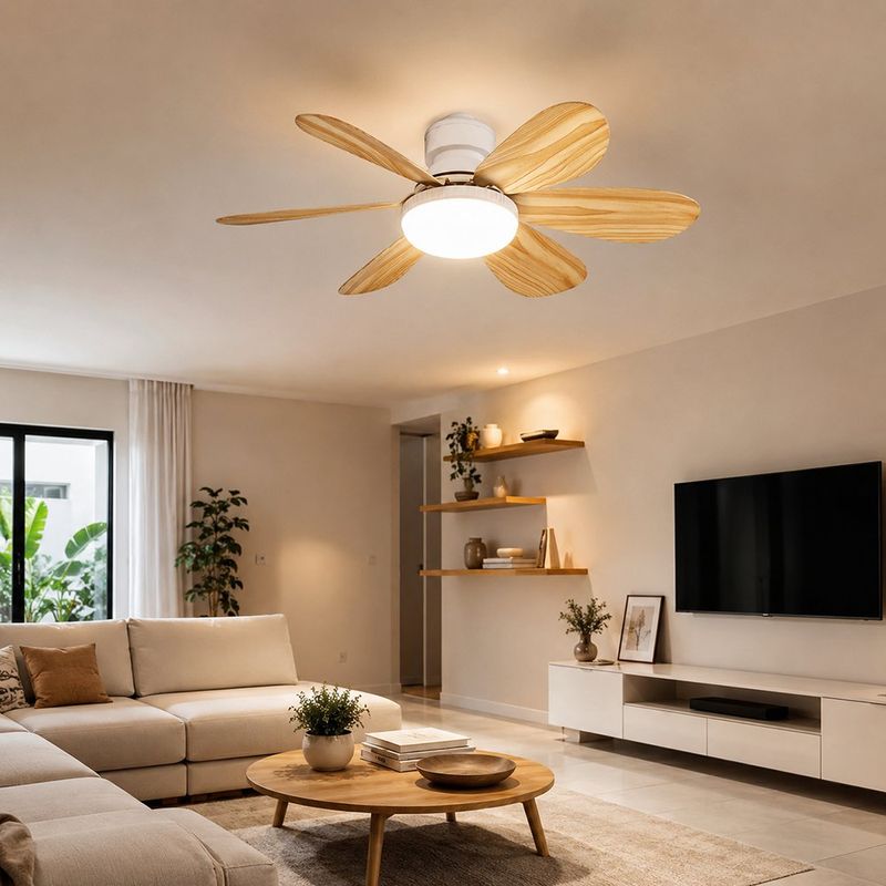 Ventilador LED con Rosca E27 de 15 W con 6 Aspas Luz CCT Ajustable con Acabado de Madera