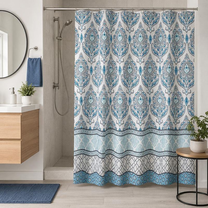 Cortina de Baño con Ganchos Impermeable Diseño de Mandalas Azul 183 x 178 Cm