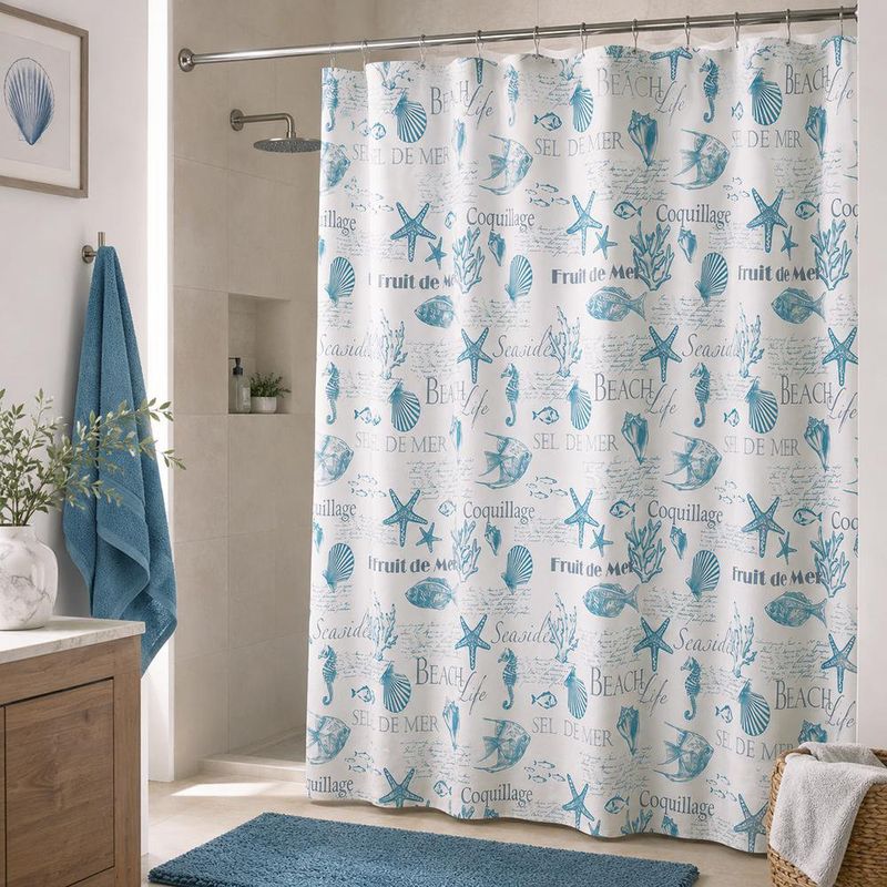 Cortina de Baño con Ganchos Impermeable Diseño Marino Blanco y Azul 183 x 178 Cm