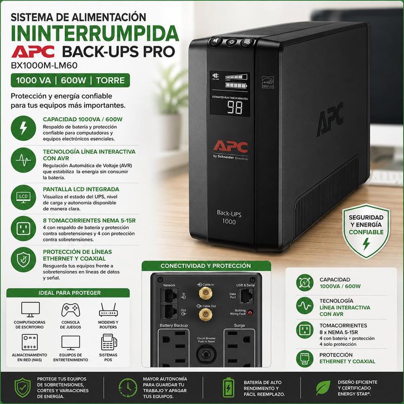 Sistema de Alimentación Ininterrumpida APC Back-UPS Pro BX1000M-LM60 1000 VA y 600W en Torre Color Negro