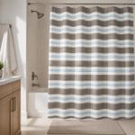 Cortina de Baño con Ganchos Impermeable Diseño de Líneas Azul y Beige 183 x 178 Cm