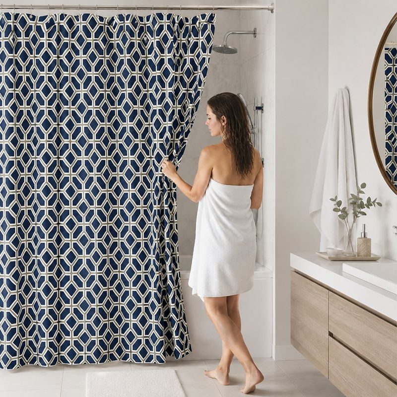 Cortina de Baño 183 x 178 Cm con Ganchos Color Azul y Blanco