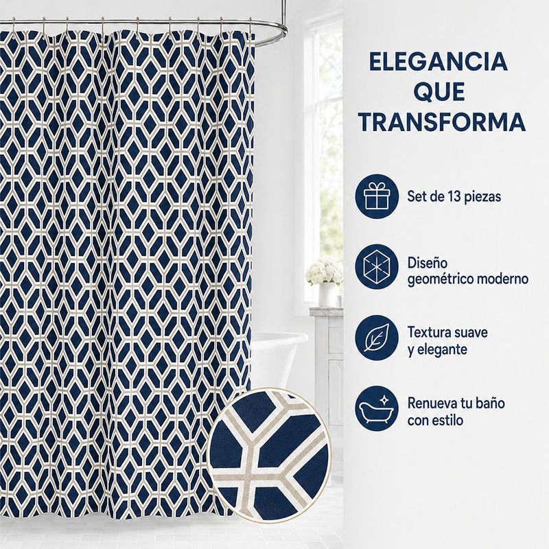 Cortina de Baño 183 x 178 Cm con Ganchos Color Azul y Blanco