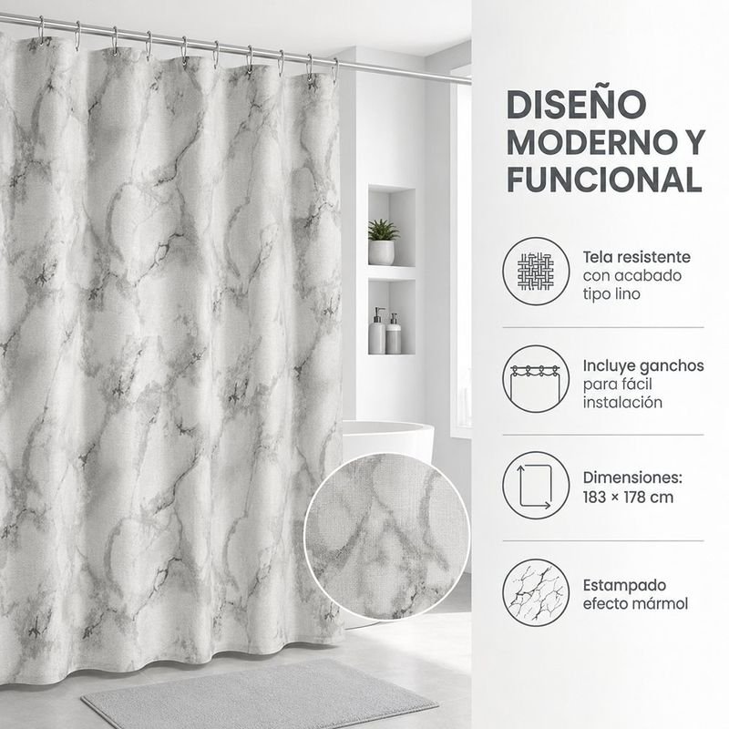 Cortina de Baño 183 x 178 Cm Diseño Mármol Color Gris