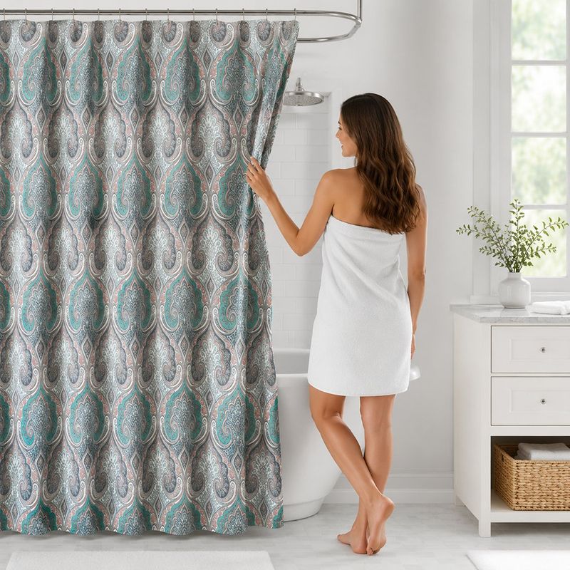 Cortina de Baño 183 x 178 Cm Marble Color Gris y Turquesa