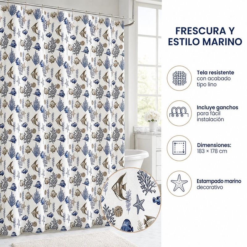 Cortina de Baño 183 x 178 cm Océano Color Blanco y Azul