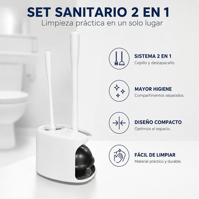 Set para Sanitario 2 en 1 Destapacaño y Cepillo con Base y Compartimentos Separados