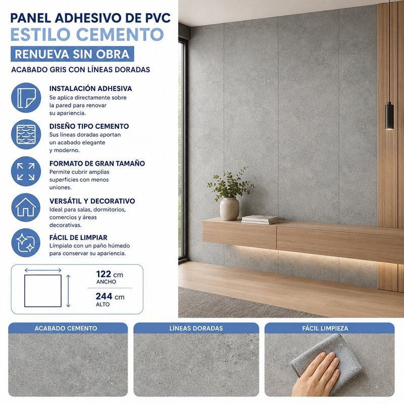 Panel de PVC Adhesivo Estilo Cemento 1.22 x 2.44 Metros Gris con Líneas Doradas para Paredes