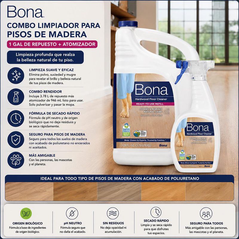 Combo Limpiador para Pisos de Madera 1 Gal de Repuesto y Atomizador de Secado Rápido
