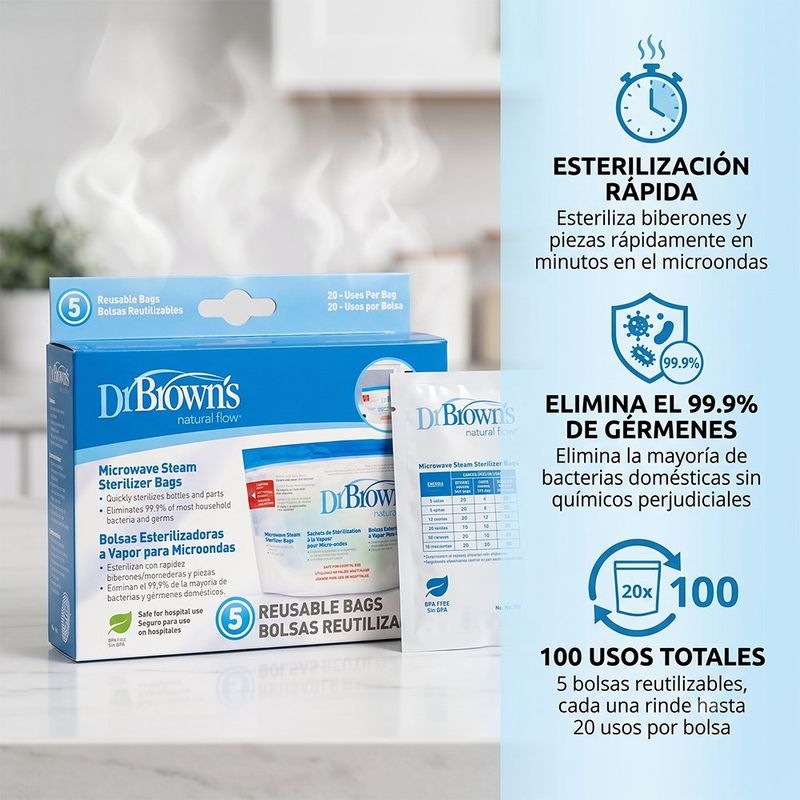 Bolsas para Esterilizar a Vapor en Microondas Reutilizables Elimina 99.9% de Gérmenes, 5 Unidades