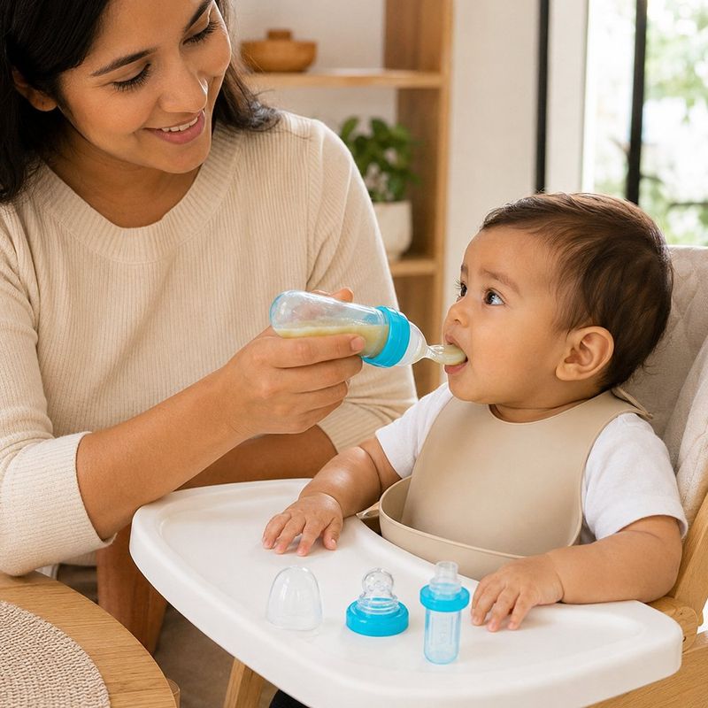Cuchara Dispensadora de Silicona con Tapa Autoalimentación para Bebé 10 cm - Colores Surtidos