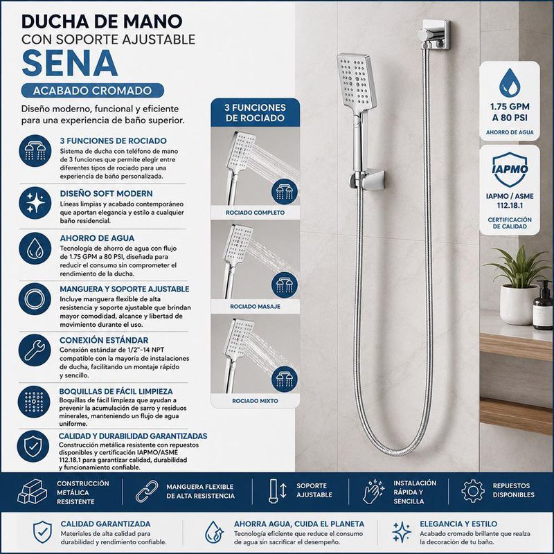 Ducha de Mano con Soporte Ajustable Sena Acabado Cromado