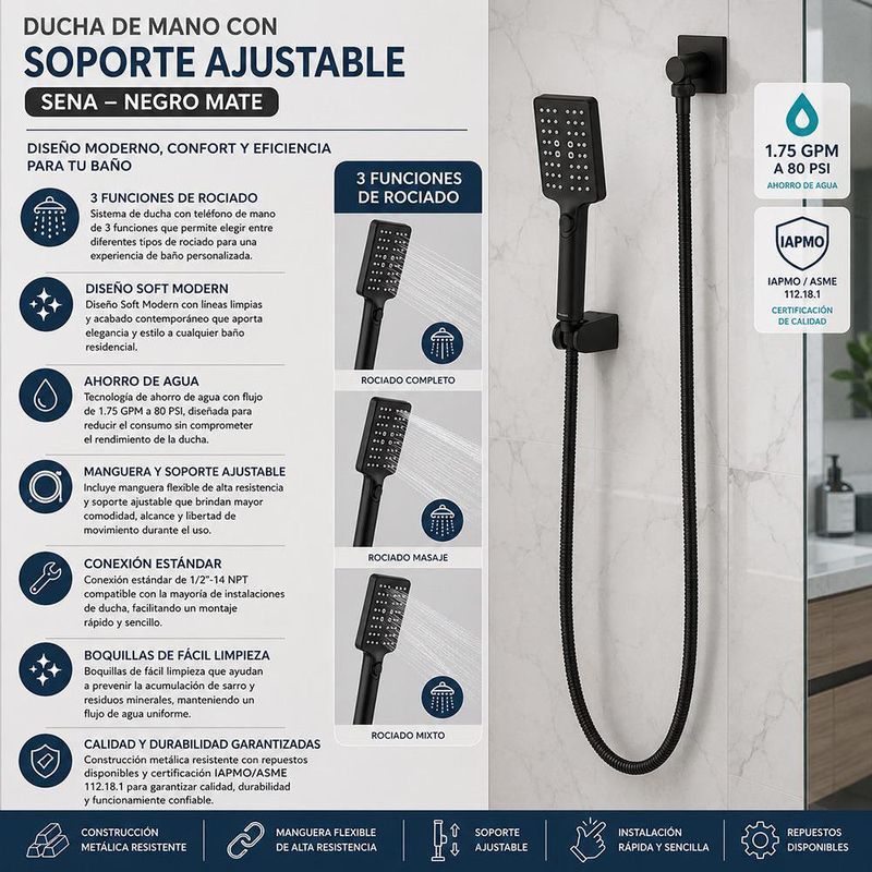 Ducha de Mano con Soporte Ajustable Sena Color Negro Mate
