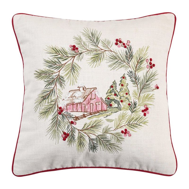 Cojín Decorativo Navideño de Algodón 45 x 45 Cm Bordado Diseño Corona con Paisaje