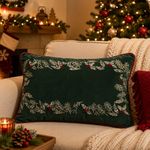 Cojín Decorativo Navideño de Algodón 35 x 50 Cm Bordado Diseño Follaje Verde