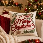Cojín Decorativo Navideño de Algodón 45 x 45 Cm Bordado Diseño Merry Christmas con Cierre