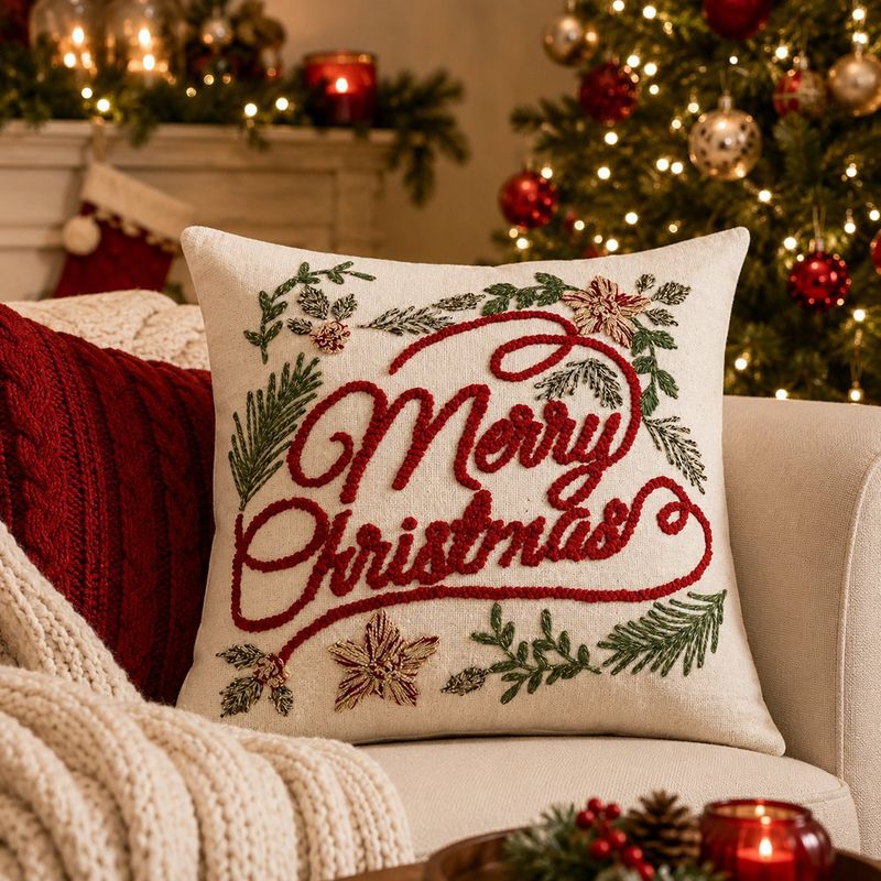 Cojín Decorativo Navideño de Algodón 45 x 45 Cm Bordado Diseño Merry Christmas con Cierre