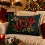 Cojín Decorativo Navideño de Algodón 35 x 50 Cm Bordado Diseño Joy con Fondo Verde