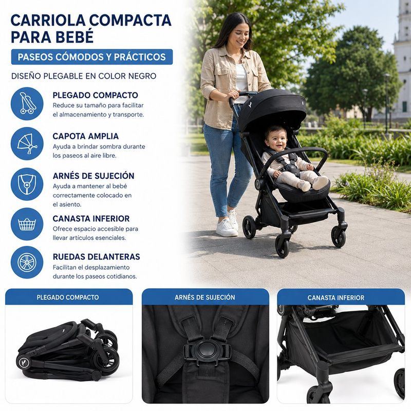 Carruaje de Paseo para Bebé Nano con Plegado Ultracompacto y Capota Amplia Color Negro