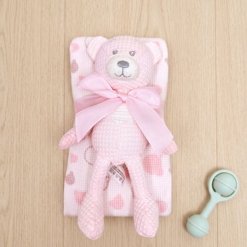 Set de Oso de Peluche y Frazada para Bebé con Textura Suave Color Rosado, 2 Piezas